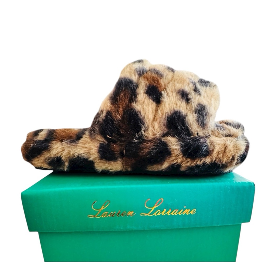 Lauren Lorraine Plush K Leopard Faux Fur Flat Slides 9Monhs